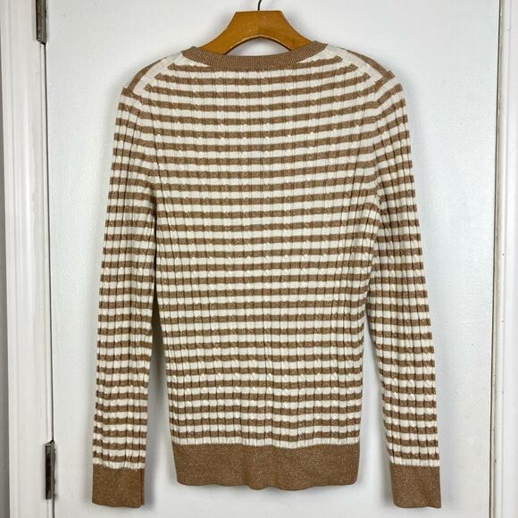 Talbots Metallic Gold Striped Cable Knit Pullover Sweater Crew Neck Shimmer sz S - Picture 3 of 7